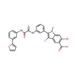 Cn1c(-c2cccc(NC(=O)C(=O)Nc3cccc(-c4ccco4)c3)c2)c(I)c2cc(C(=O)O)c(O)cc21 ZINC000299826926