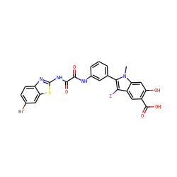 Cn1c(-c2cccc(NC(=O)C(=O)Nc3nc4ccc(Br)cc4s3)c2)c(I)c2cc(C(=O)O)c(O)cc21 ZINC000221042475