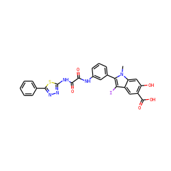 Cn1c(-c2cccc(NC(=O)C(=O)Nc3nnc(-c4ccccc4)s3)c2)c(I)c2cc(C(=O)O)c(O)cc21 ZINC000221065398