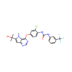 Cn1c(C(C)(C)O)cc2ncnc(Oc3ccc(NC(=O)Nc4cccc(C(F)(F)F)c4)c(Cl)c3)c21 ZINC000064415747