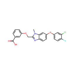 Cn1c(COc2cccc(C(=O)O)c2)nc2ccc(Oc3ccc(F)c(Cl)c3)cc21 ZINC000139765097