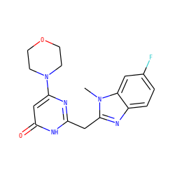 Cn1c(Cc2nc(N3CCOCC3)cc(=O)[nH]2)nc2ccc(F)cc21 ZINC000084759286