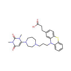 Cn1c(N2CCCN(CCCN3c4ccccc4Sc4ccc(CCC(=O)O)cc43)CC2)cc(=O)n(C)c1=O ZINC000043120787
