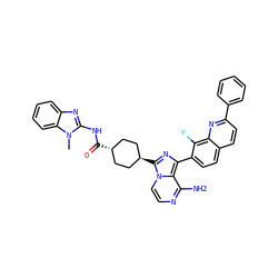 Cn1c(NC(=O)[C@H]2CC[C@H](c3nc(-c4ccc5ccc(-c6ccccc6)nc5c4F)c4c(N)nccn43)CC2)nc2ccccc21 ZINC000261184486