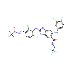 Cn1c(Nc2c(Cl)ccc(CNC(=O)C(C)(C)C)c2Cl)nc2cc(C(=O)NCC(F)(F)F)c(Nc3ccc(F)c(Cl)c3)cc21 ZINC000169700895