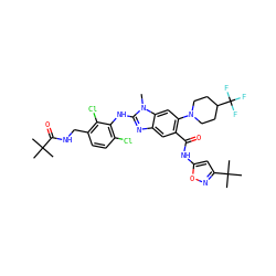 Cn1c(Nc2c(Cl)ccc(CNC(=O)C(C)(C)C)c2Cl)nc2cc(C(=O)Nc3cc(C(C)(C)C)no3)c(N3CCC(C(F)(F)F)CC3)cc21 ZINC000165384335