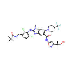 Cn1c(Nc2c(Cl)ccc(CNC(=O)C(C)(C)C)c2Cl)nc2cc(C(=O)Nc3cc(C(C)(C)CO)no3)c(N3CCC(C(F)(F)F)CC3)cc21 ZINC000169701035