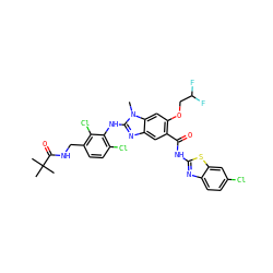 Cn1c(Nc2c(Cl)ccc(CNC(=O)C(C)(C)C)c2Cl)nc2cc(C(=O)Nc3nc4ccc(Cl)cc4s3)c(OCC(F)F)cc21 ZINC000169703083