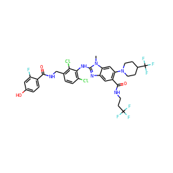 Cn1c(Nc2c(Cl)ccc(CNC(=O)c3ccc(O)cc3F)c2Cl)nc2cc(C(=O)NCCC(F)(F)F)c(N3CCC(C(F)(F)F)CC3)cc21 ZINC000169701042