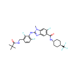 Cn1c(Nc2c(F)ccc(CNC(=O)C(C)(C)C)c2F)nc2cc(C(=O)N[C@H]3CC[C@H](C(F)(F)F)CC3)c(F)cc21 ZINC000261084257