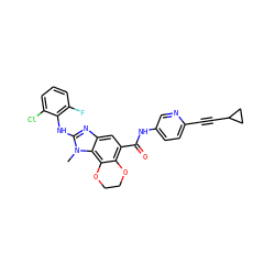 Cn1c(Nc2c(F)cccc2Cl)nc2cc(C(=O)Nc3ccc(C#CC4CC4)nc3)c3c(c21)OCCO3 ZINC000221176124