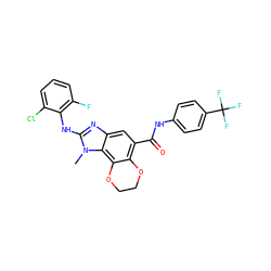 Cn1c(Nc2c(F)cccc2Cl)nc2cc(C(=O)Nc3ccc(C(F)(F)F)cc3)c3c(c21)OCCO3 ZINC000205305485