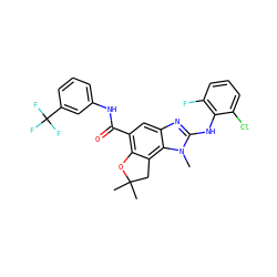 Cn1c(Nc2c(F)cccc2Cl)nc2cc(C(=O)Nc3cccc(C(F)(F)F)c3)c3c(c21)CC(C)(C)O3 ZINC000139865068