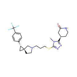 Cn1c(SCCCN2CC[C@]3(C[C@@H]3c3ccc(C(F)(F)F)cc3)C2)nnc1[C@@H]1CCNC(=O)C1 ZINC001772649557