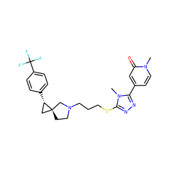 Cn1c(SCCCN2CC[C@]3(C[C@@H]3c3ccc(C(F)(F)F)cc3)C2)nnc1-c1ccn(C)c(=O)c1 ZINC001772612355