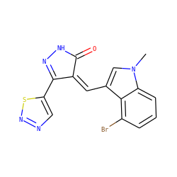 Cn1cc(/C=C2\C(=O)NN=C2c2cnns2)c2c(Br)cccc21 ZINC000028955039