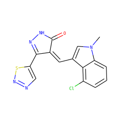 Cn1cc(/C=C2\C(=O)NN=C2c2cnns2)c2c(Cl)cccc21 ZINC000028955031