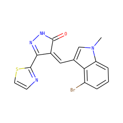 Cn1cc(/C=C2\C(=O)NN=C2c2nccs2)c2c(Br)cccc21 ZINC000028572239