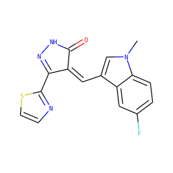 Cn1cc(/C=C2\C(=O)NN=C2c2nccs2)c2cc(F)ccc21 ZINC000028572415