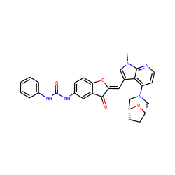 Cn1cc(/C=C2\Oc3ccc(NC(=O)Nc4ccccc4)cc3C2=O)c2c(N3C[C@@H]4CC[C@H](C3)O4)ccnc21 ZINC000049072135