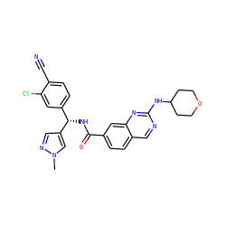 Cn1cc([C@@H](NC(=O)c2ccc3cnc(NC4CCOCC4)nc3c2)c2ccc(C#N)c(Cl)c2)cn1 ZINC000205037349