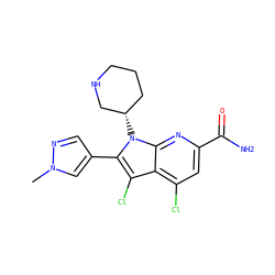 Cn1cc(-c2c(Cl)c3c(Cl)cc(C(N)=O)nc3n2[C@H]2CCCNC2)cn1 ZINC001772620764