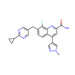 Cn1cc(-c2cc(C(N)=O)nc3c(F)c(Cc4cnc(C5CC5)nc4)ccc23)cn1 ZINC000221613712