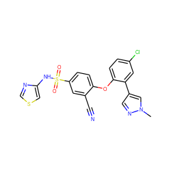 Cn1cc(-c2cc(Cl)ccc2Oc2ccc(S(=O)(=O)Nc3cscn3)cc2C#N)cn1 ZINC000095582355