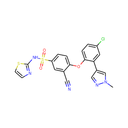 Cn1cc(-c2cc(Cl)ccc2Oc2ccc(S(=O)(=O)Nc3nccs3)cc2C#N)cn1 ZINC000095582032