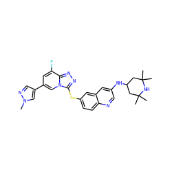 Cn1cc(-c2cc(F)c3nnc(Sc4ccc5ncc(NC6CC(C)(C)NC(C)(C)C6)cc5c4)n3c2)cn1 ZINC000218831493