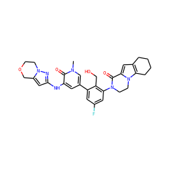 Cn1cc(-c2cc(F)cc(N3CCn4c(cc5c4CCCC5)C3=O)c2CO)cc(Nc2cc3n(n2)CCOC3)c1=O ZINC000116054002