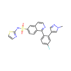 Cn1cc(-c2cc(F)ccc2-c2nccc3cc(S(=O)(=O)Nc4nccs4)ccc23)cn1 ZINC000206089889