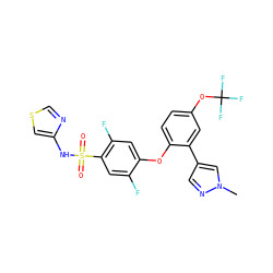 Cn1cc(-c2cc(OC(F)(F)F)ccc2Oc2cc(F)c(S(=O)(=O)Nc3cscn3)cc2F)cn1 ZINC000095585557