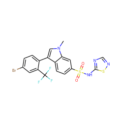 Cn1cc(-c2ccc(Br)cc2C(F)(F)F)c2ccc(S(=O)(=O)Nc3ncns3)cc21 ZINC000205420535