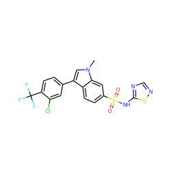 Cn1cc(-c2ccc(C(F)(F)F)c(Cl)c2)c2ccc(S(=O)(=O)Nc3ncns3)cc21 ZINC000205410275