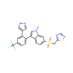 Cn1cc(-c2ccc(C(F)(F)F)cc2-c2cn[nH]c2)c2ccc(S(=O)(=O)Nc3ncns3)cc21 ZINC000205419387