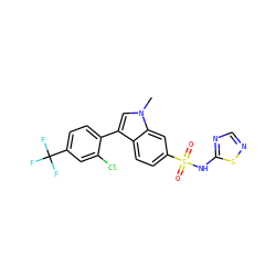 Cn1cc(-c2ccc(C(F)(F)F)cc2Cl)c2ccc(S(=O)(=O)Nc3ncns3)cc21 ZINC000205547717