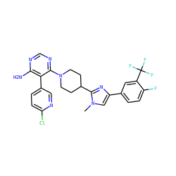 Cn1cc(-c2ccc(F)c(C(F)(F)F)c2)nc1C1CCN(c2ncnc(N)c2-c2ccc(Cl)nc2)CC1 ZINC000219090154