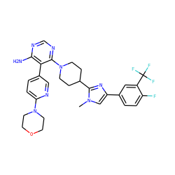 Cn1cc(-c2ccc(F)c(C(F)(F)F)c2)nc1C1CCN(c2ncnc(N)c2-c2ccc(N3CCOCC3)nc2)CC1 ZINC000219092375