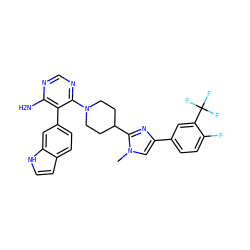 Cn1cc(-c2ccc(F)c(C(F)(F)F)c2)nc1C1CCN(c2ncnc(N)c2-c2ccc3cc[nH]c3c2)CC1 ZINC000219737515