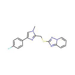 Cn1cc(-c2ccc(F)cc2)nc1CSc1nc2ccccn2n1 ZINC000113420073