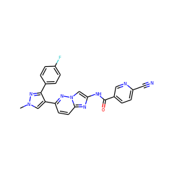 Cn1cc(-c2ccc3nc(NC(=O)c4ccc(C#N)nc4)cn3n2)c(-c2ccc(F)cc2)n1 ZINC001772580241