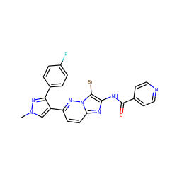 Cn1cc(-c2ccc3nc(NC(=O)c4ccncc4)c(Br)n3n2)c(-c2ccc(F)cc2)n1 ZINC000220890324