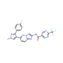 Cn1cc(-c2ccc3nc(NC(=O)c4cnc(C(F)(F)F)nc4)cn3n2)c(-c2ccc(F)cc2)n1 ZINC001772588859