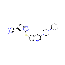 Cn1cc(-c2ccc3nnc(Sc4ccc5ncc(N6CCN(C7CCCCC7)CC6)cc5c4)n3c2)cn1 ZINC000204956285