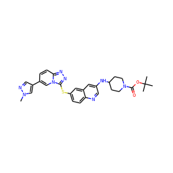 Cn1cc(-c2ccc3nnc(Sc4ccc5ncc(NC6CCN(C(=O)OC(C)(C)C)CC6)cc5c4)n3c2)cn1 ZINC000261091876