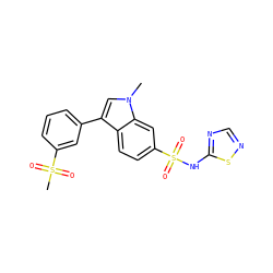 Cn1cc(-c2cccc(S(C)(=O)=O)c2)c2ccc(S(=O)(=O)Nc3ncns3)cc21 ZINC000205422988