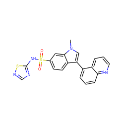 Cn1cc(-c2cccc3ncccc23)c2ccc(S(=O)(=O)Nc3ncns3)cc21 ZINC000205422125