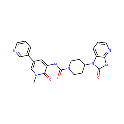 Cn1cc(-c2cccnc2)cc(NC(=O)N2CCC(n3c(=O)[nH]c4ncccc43)CC2)c1=O ZINC000029128589