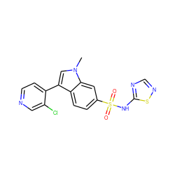 Cn1cc(-c2ccncc2Cl)c2ccc(S(=O)(=O)Nc3ncns3)cc21 ZINC000205423273